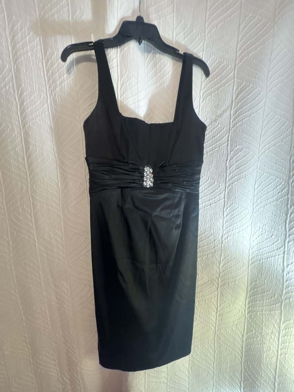 Calvin Klein Women's Black Satin Sheath Dress with Rhinestone Accent